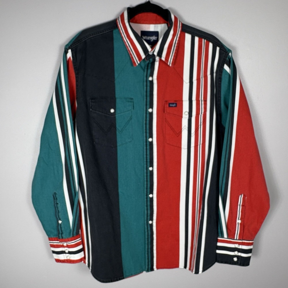 Wrangler Men's Large Striped Pearl Snap Brushpopper Western Long Sleeve Shirt